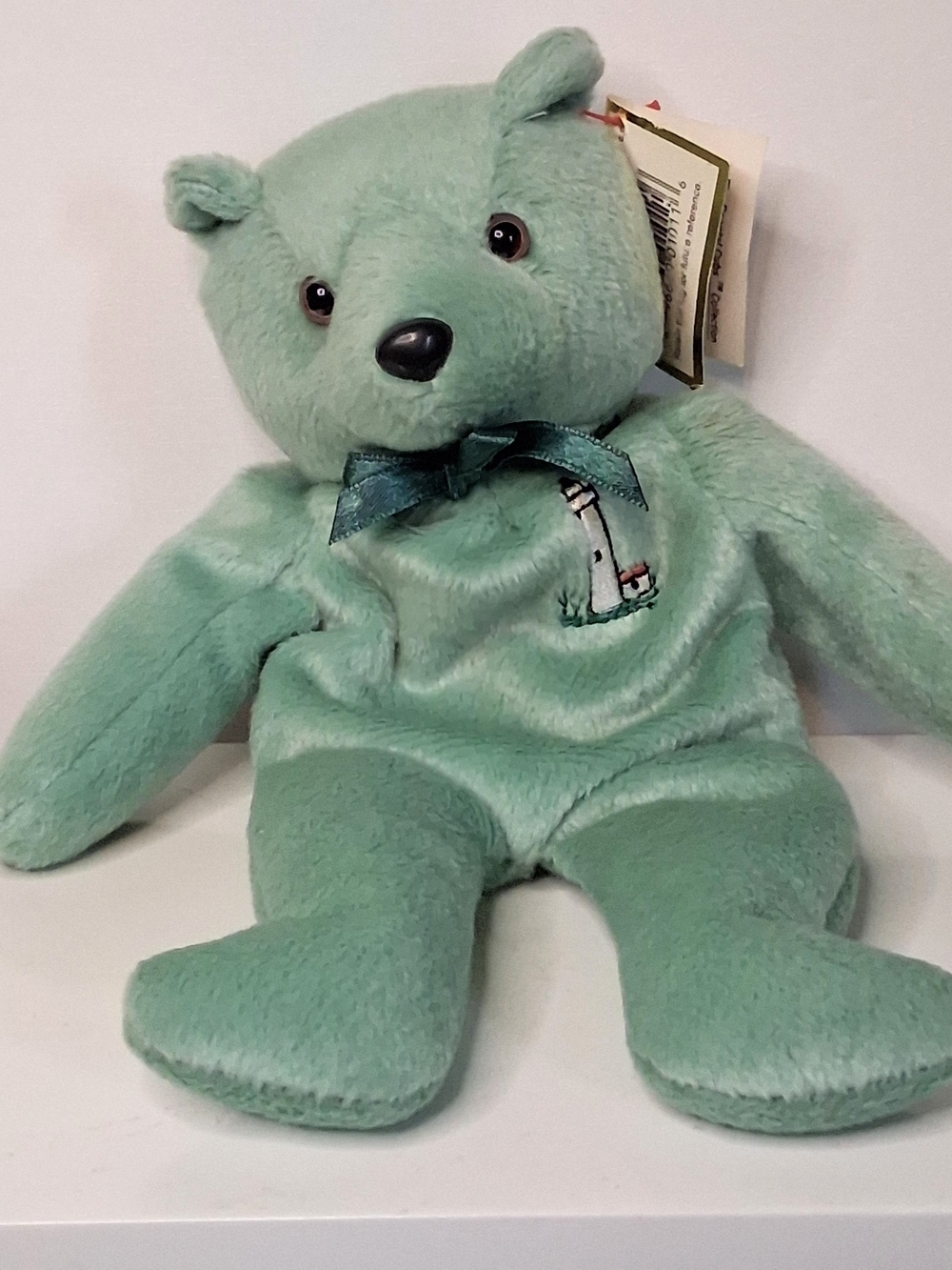 Mint Green Plush Bear with Bow and Embroidered Lighthouse